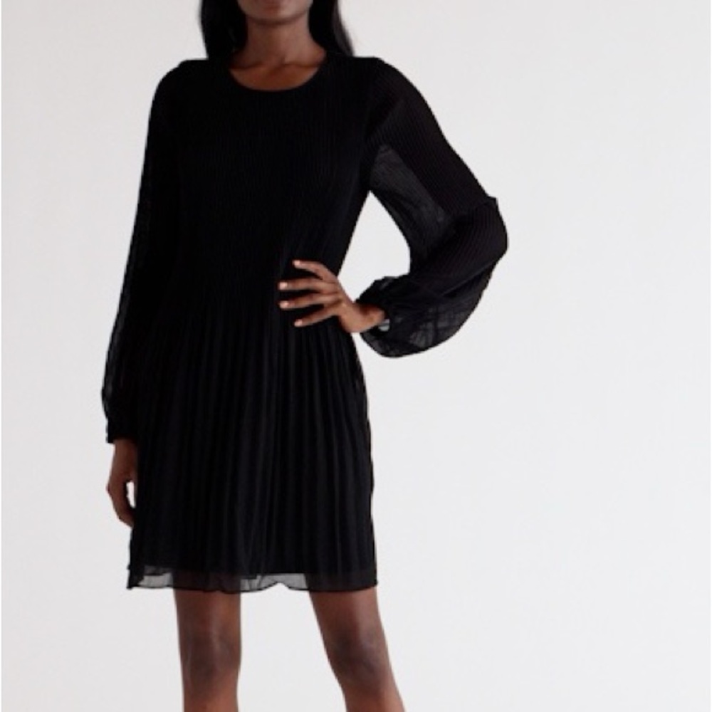 Halogen Black Pleated Mini Dress with Sheer Long Sleeves